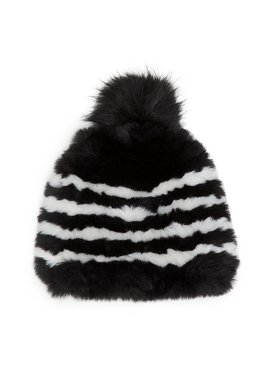 Women's Striped Faux Fur Beanie - Black White