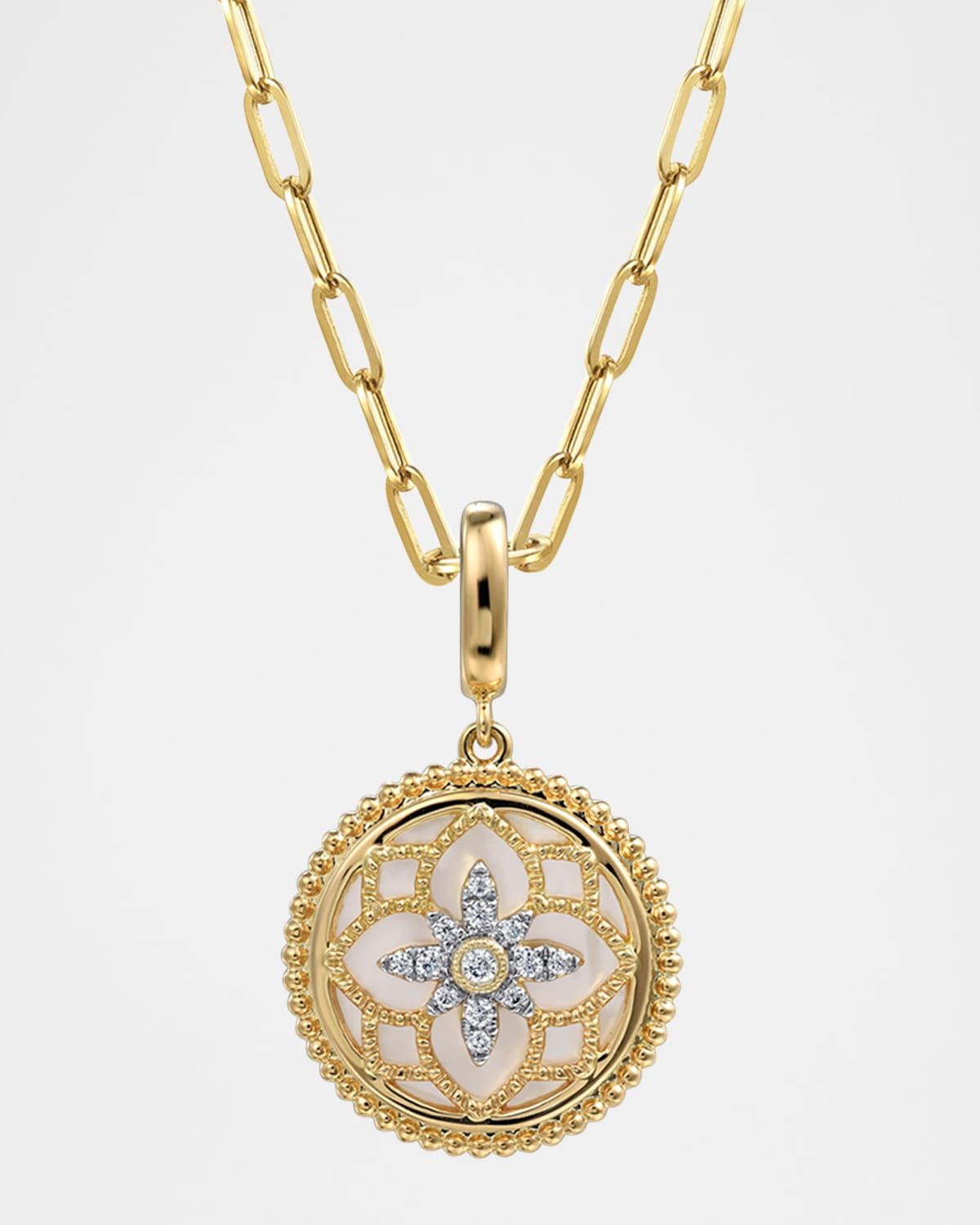 14K Yellow Gold Bujukan Diamond and Mother of Pearl Medallion Pendant, 18mm