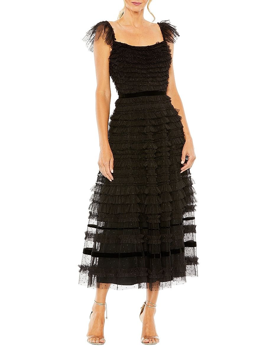 Women's Flutter-Sleeve Tiered Ruffle Gown - Black - Size 16