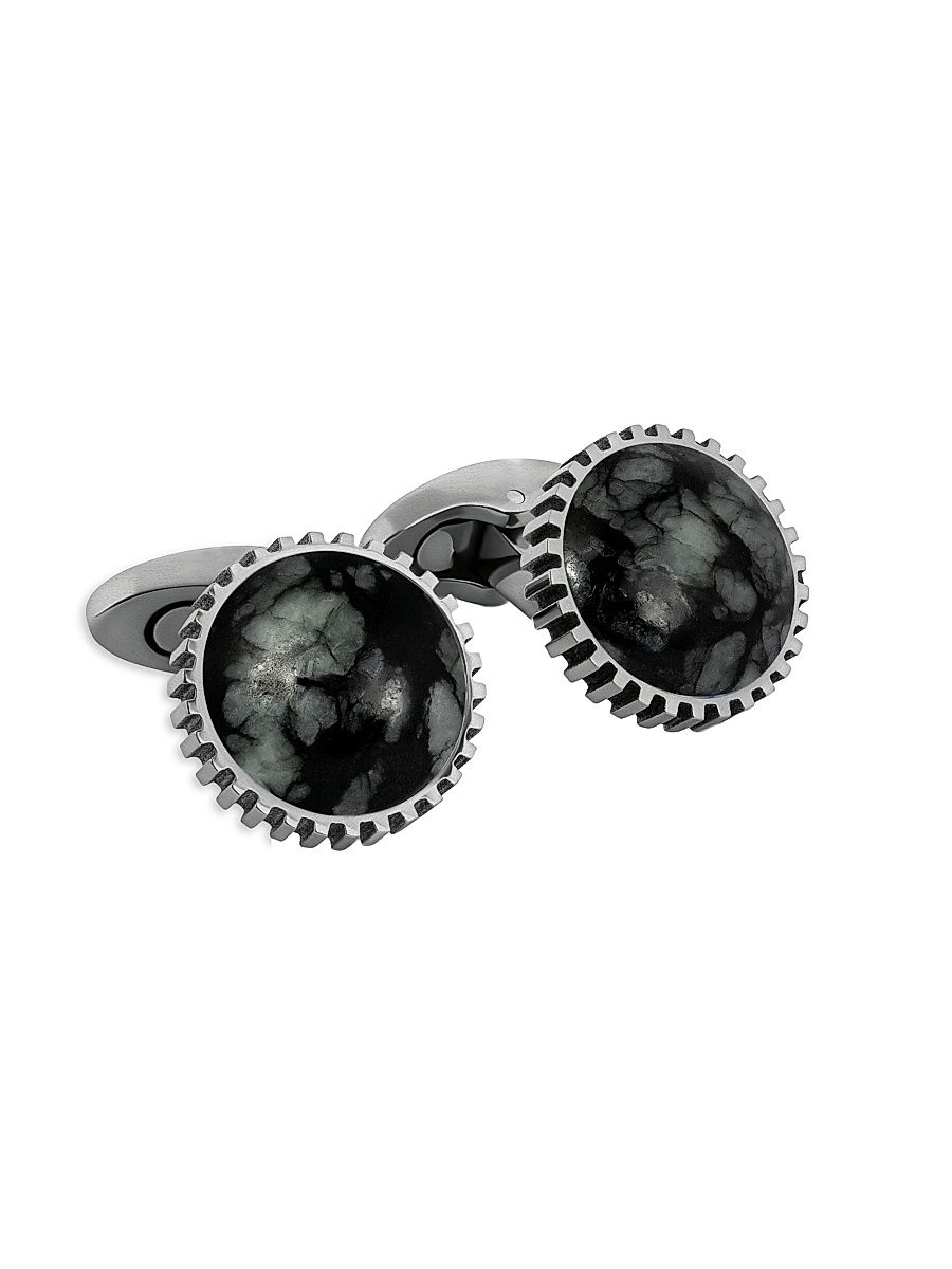 Men's Titanium & Black Line Stone Gear Cufflinks - Black