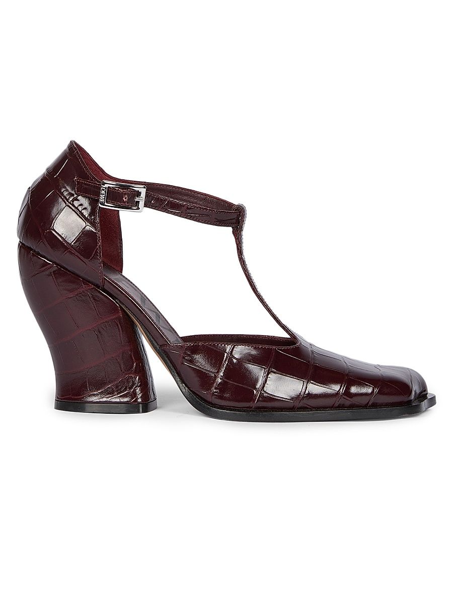 Women's Onda 90MM Croc-Embossed Leather T-Strap Pumps - Burgundy - Size 11