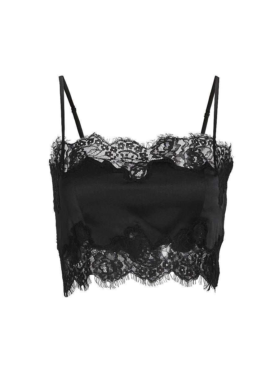 Women's Silk Lace-Trimmed Crop Top - Black - Size Large