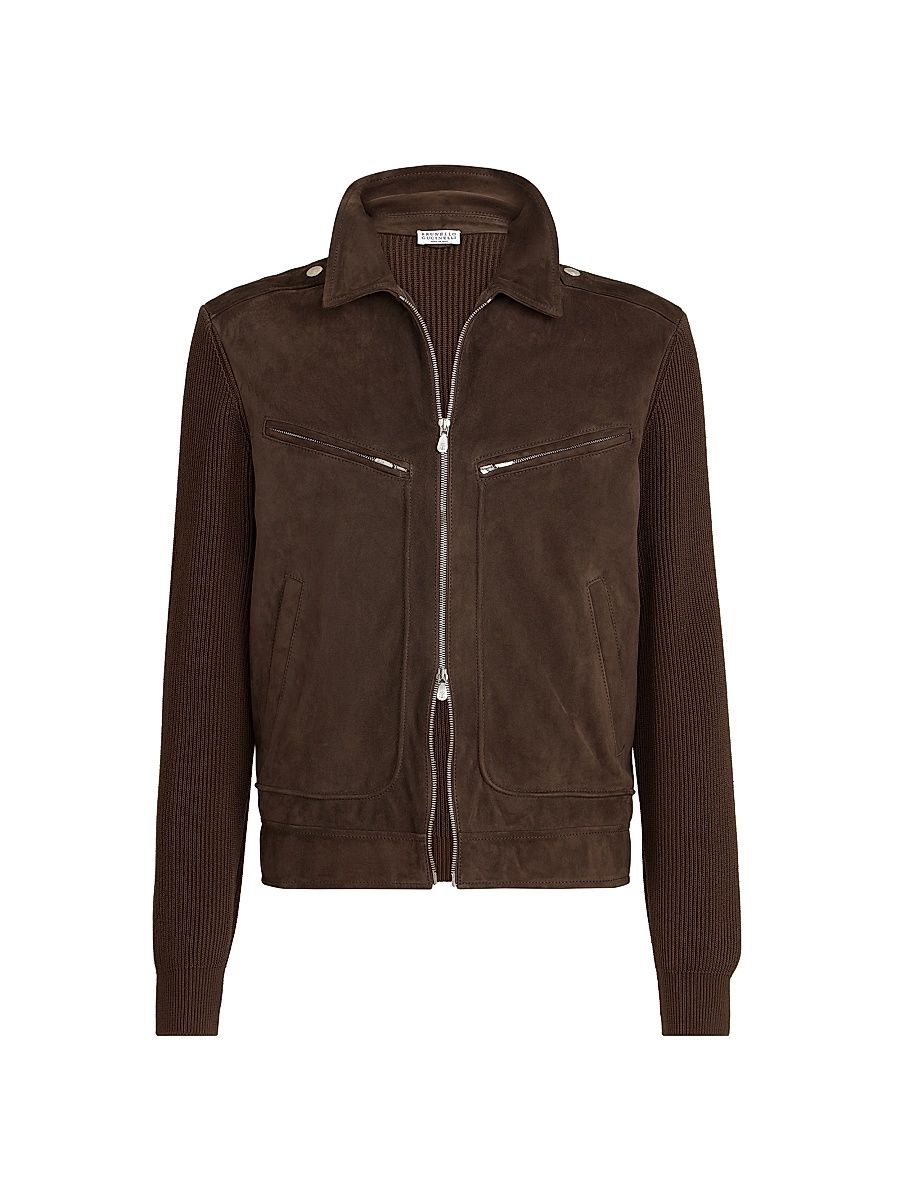 Men's Suede and Cotton Knit Outerwear Jacket - Espresso - Size XXL
