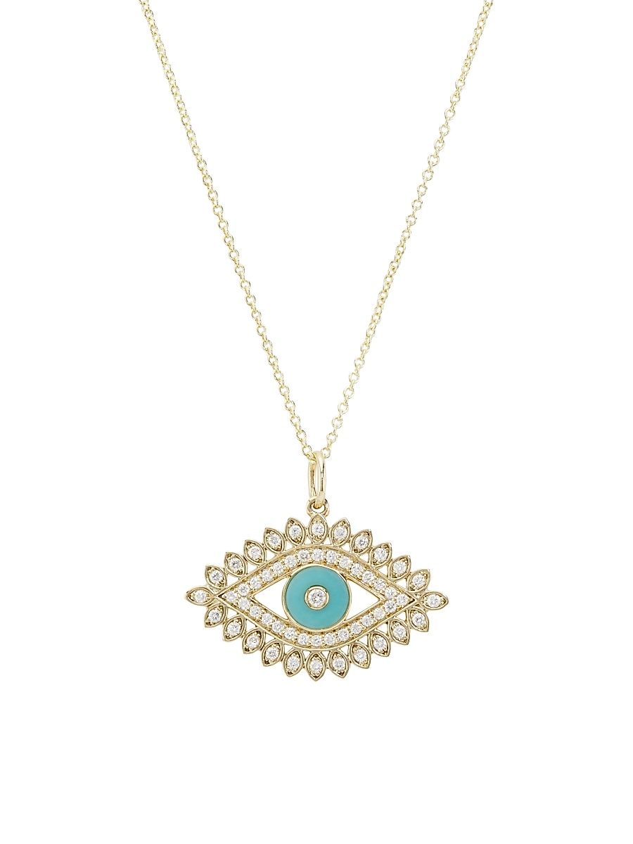 Women's Overboard 14K Yellow Gold, Turquoise & 0.23 TCW Diamond Evil Eye Pendant Necklace - Yellow Gold