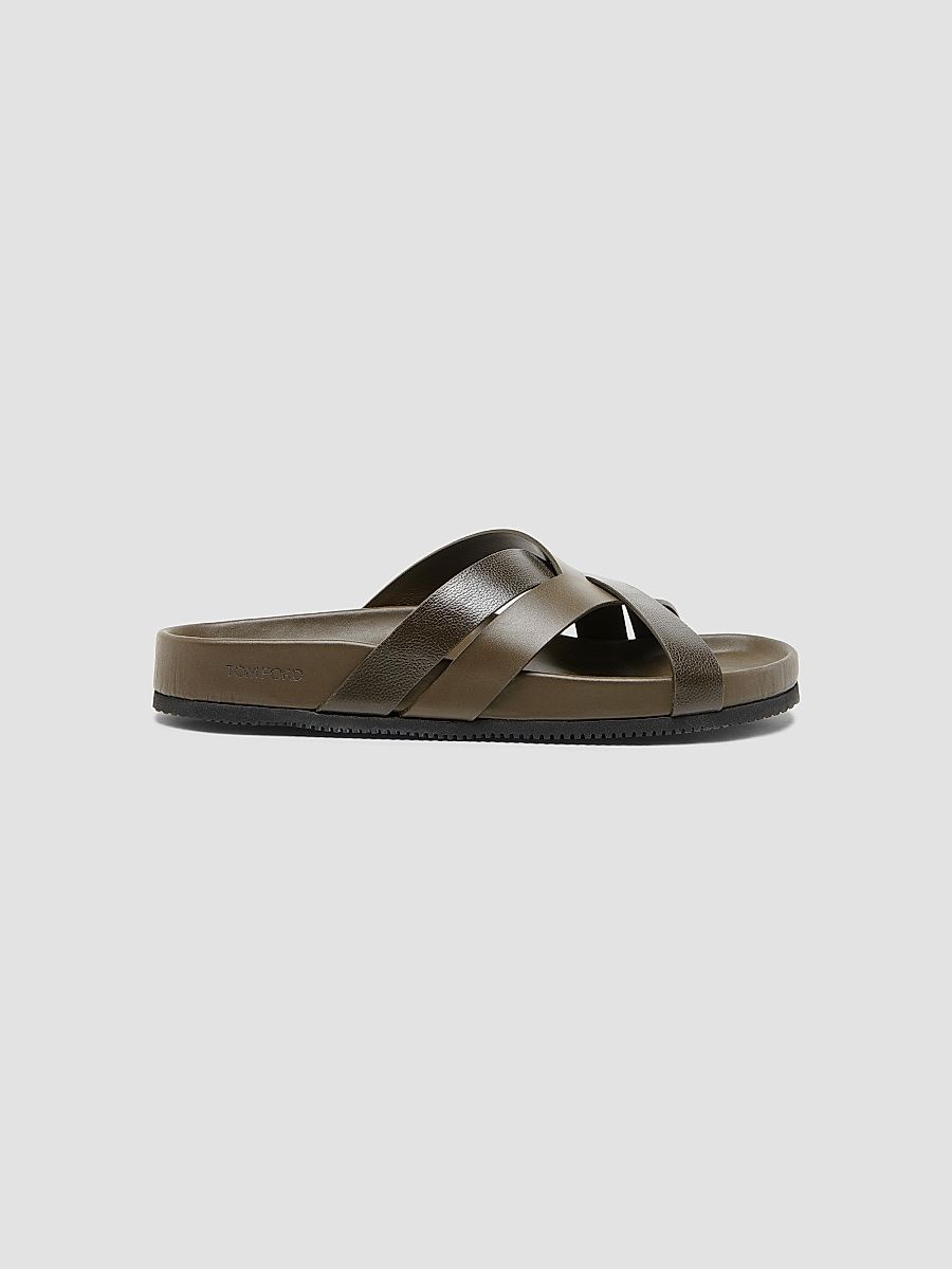 TOM FORD Men's Crisscross Strap Leather Sandals - Dark Moss - Size 12