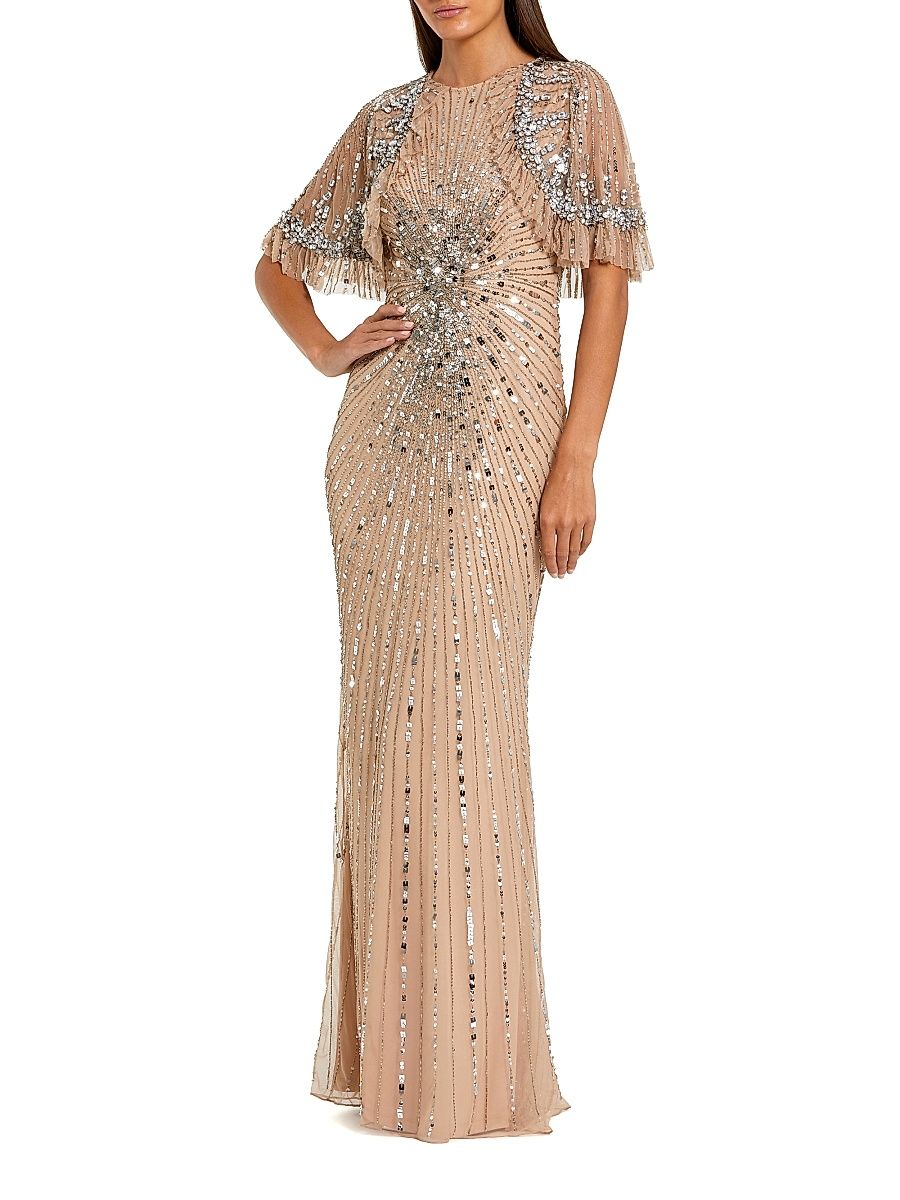 Women's Embellished Tulle Capelet Gown - Beige Silver - Size 20