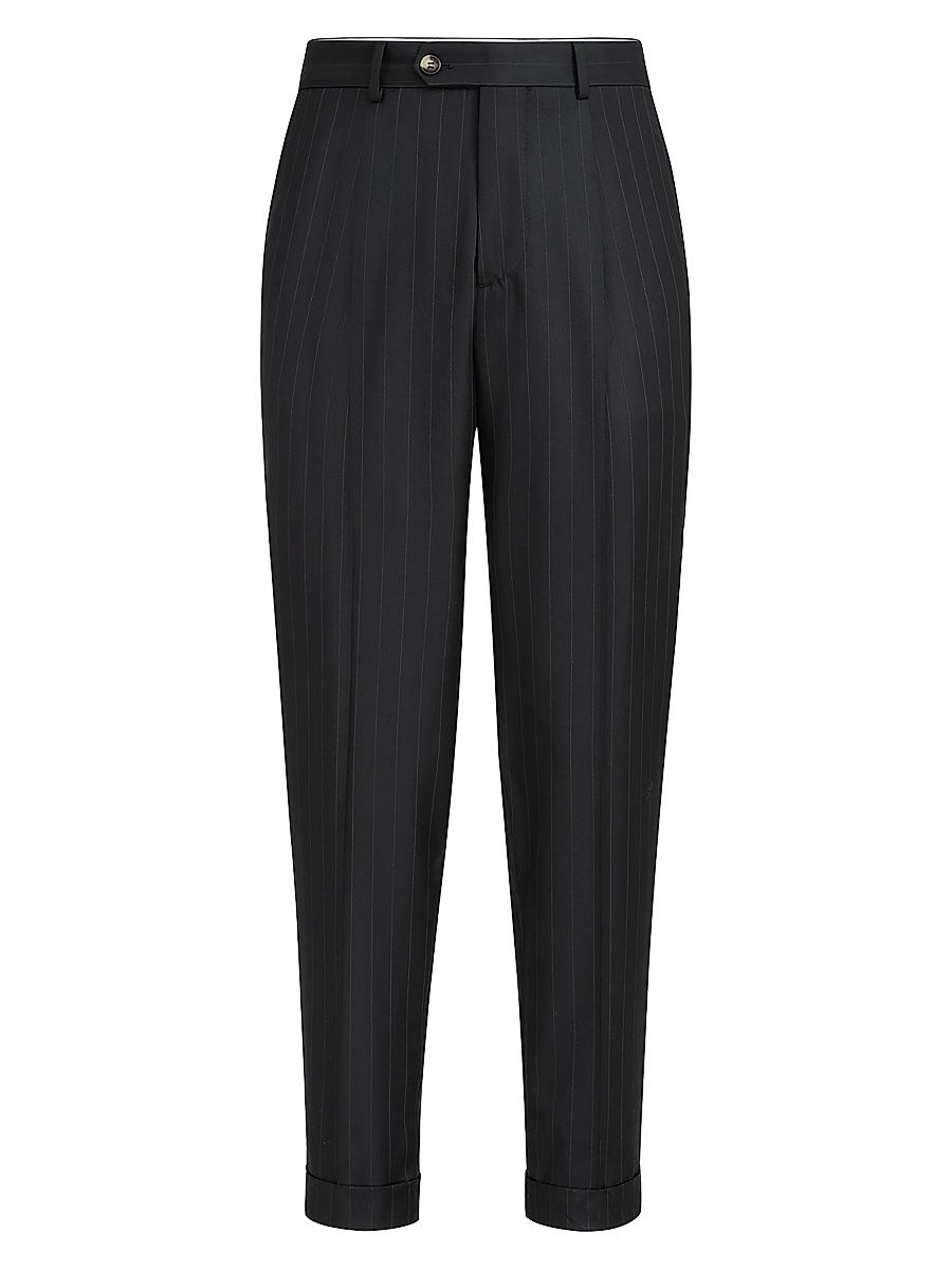 Men's Virgin Wool Chalk Stripe Batavia Trousers with Pleats - Black - Size 34