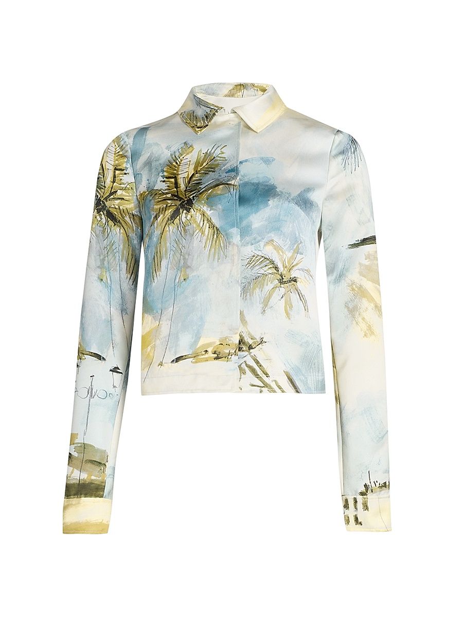 Women's Beach Print Landscape Satin Jacket - Blue Green Multi - Size 4