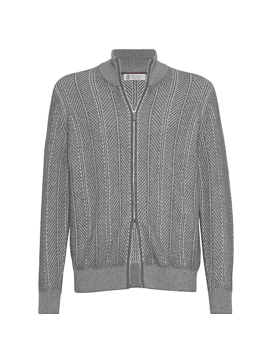 Men's Cashmere Vanisé Chevron Cardigan with Zipper - Dark Grey - Size 44