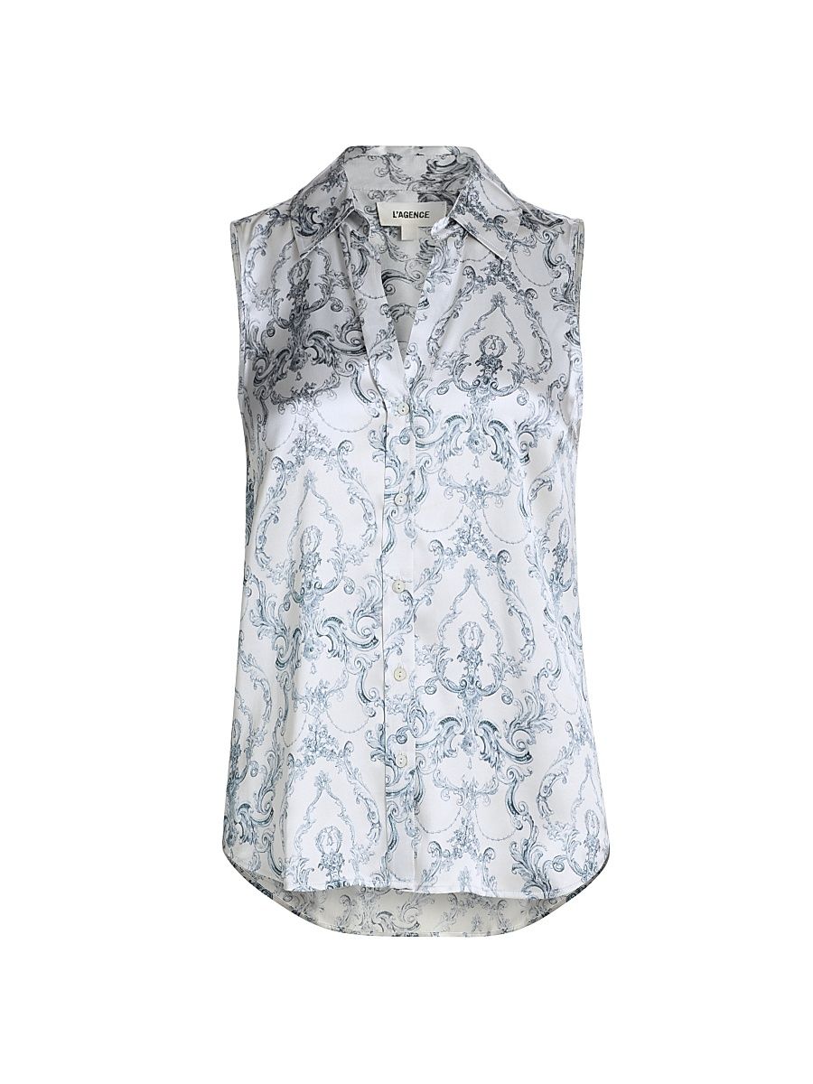 Women's Emmy Printed Silk Sleeveless Blouse - V White Blue Scroll - Size Small
