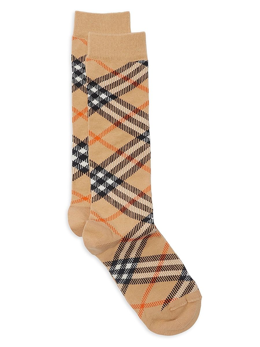 Kid's Check Cotton-Blend Socks - Sand - Size Large