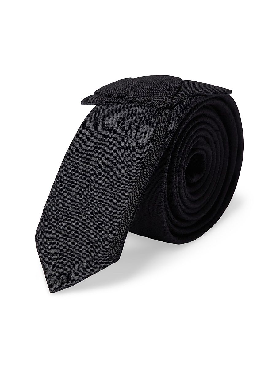 Men's Wool and Silk Valentie Tie with Flower Embroidery - Black