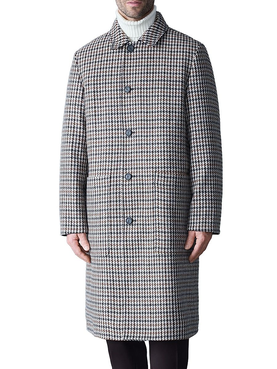 Men's Ralph Houndstooth Reversible Long Coat - Black Earth Brown Multi - Size 44
