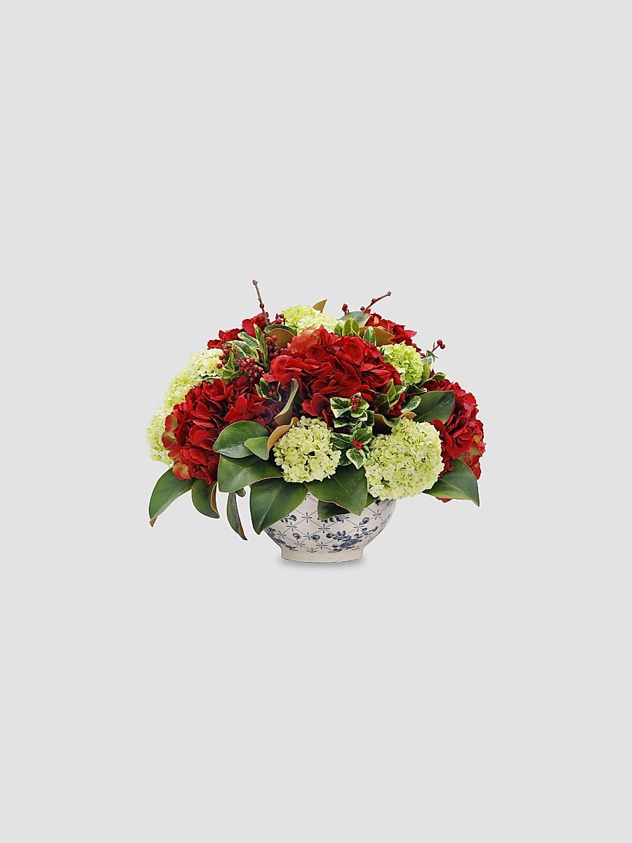 Holiday Hydrangea & Magnolia Leaf In Bowl