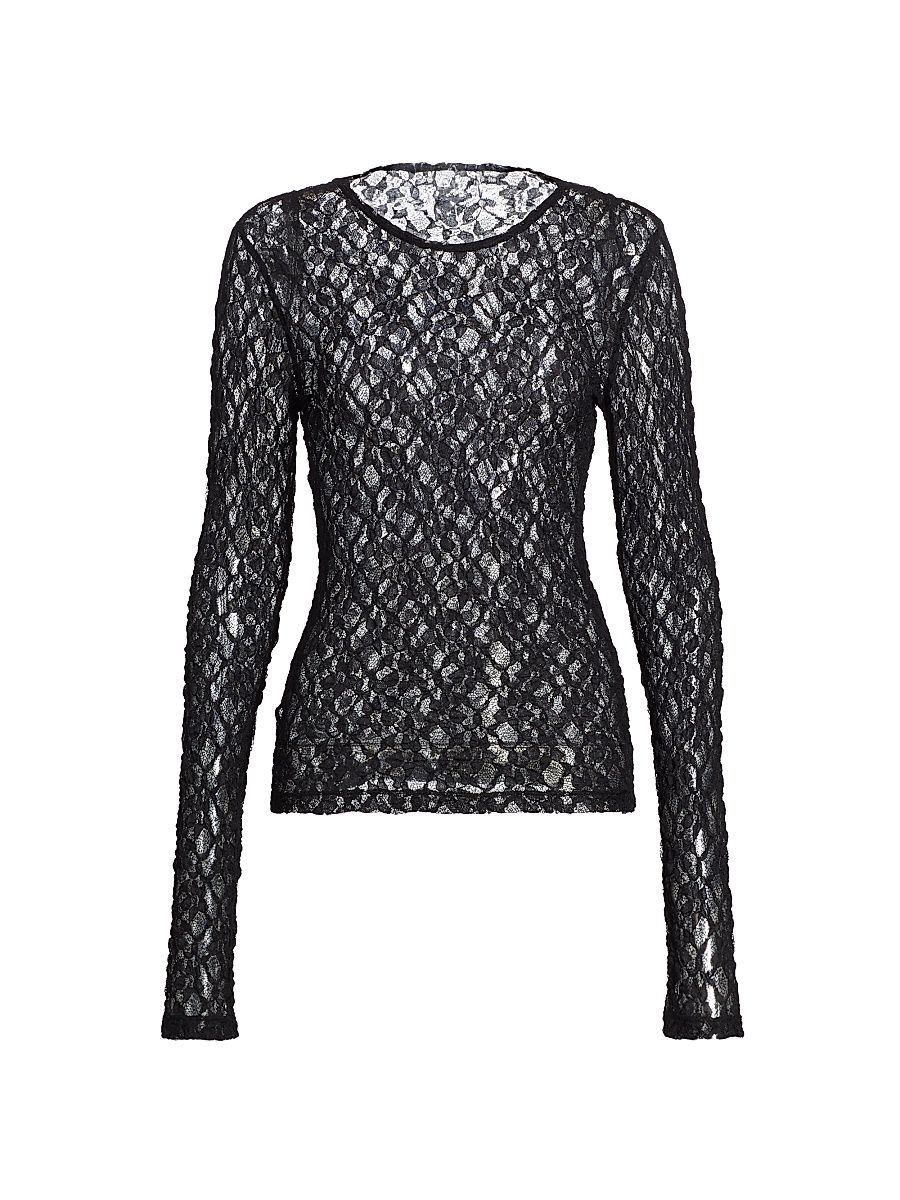 Women's Mesh Lace Long-Sleeve Top - Black - Size Small