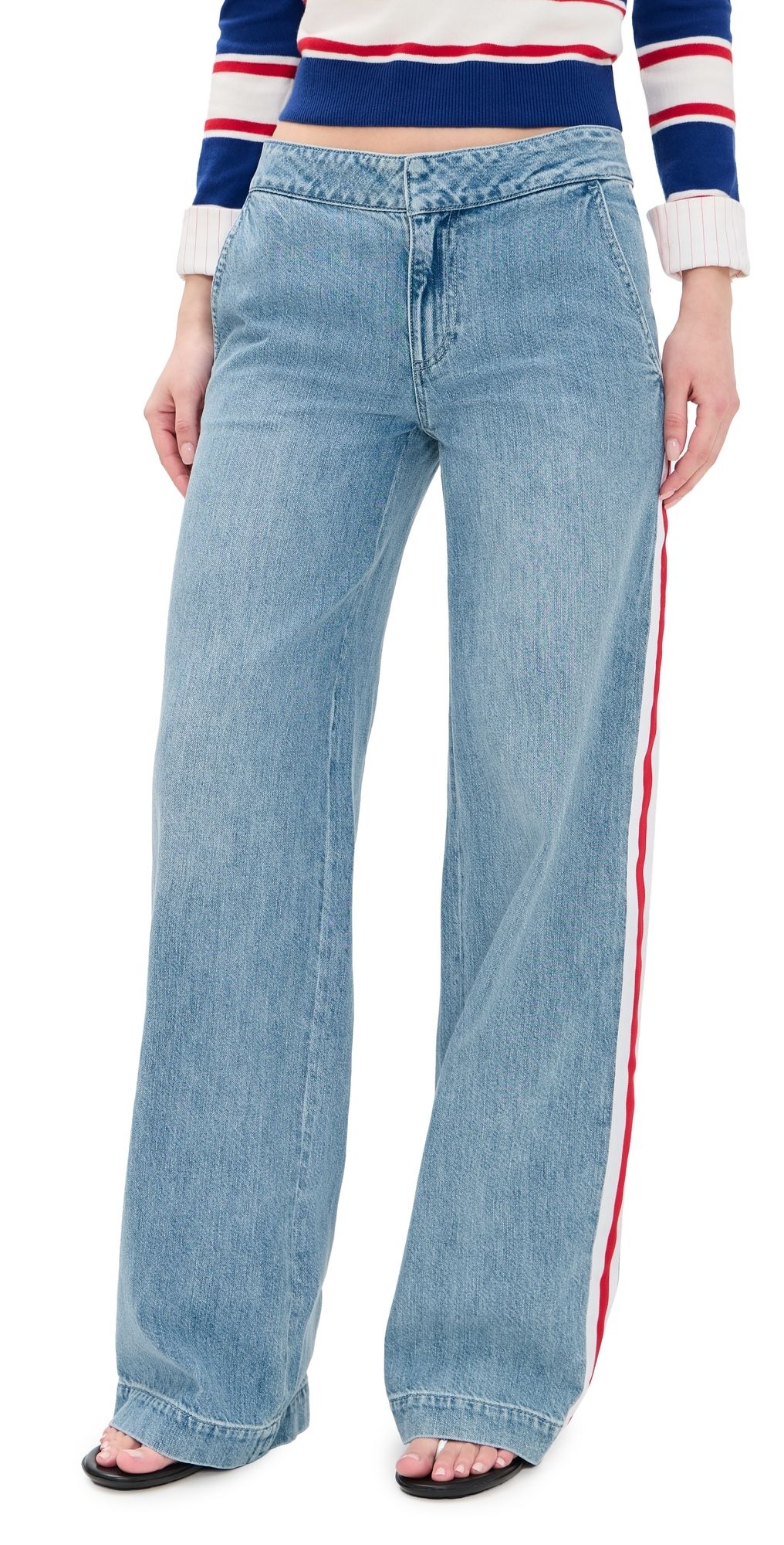 ALICE + OLIVIA Xander Low Rise Racing Stripe Jeans Edie Wash/Off White/Chili Pepper 25