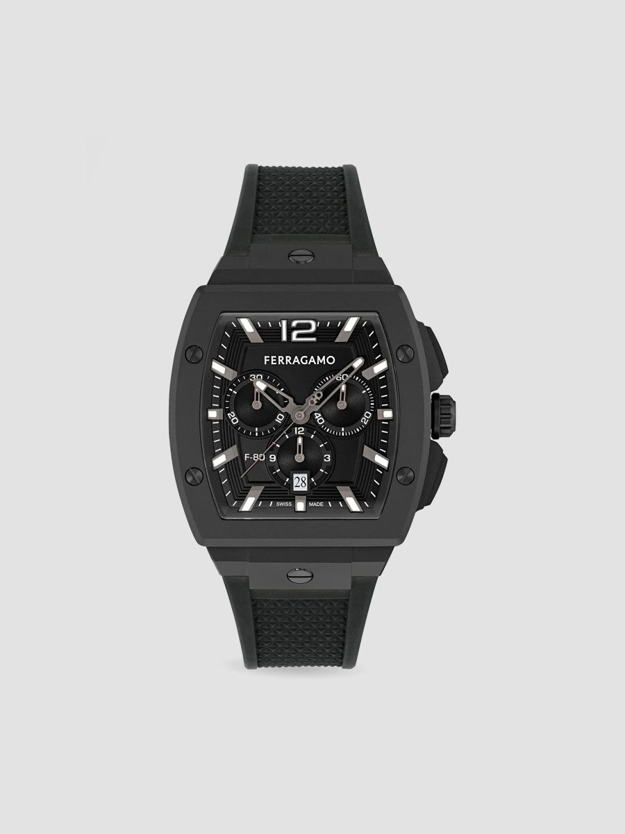 FERRAGAMO Men's F-80 Tonneau Aluminum & Faux Leather Chronograph Watch/42MM - Ip Black