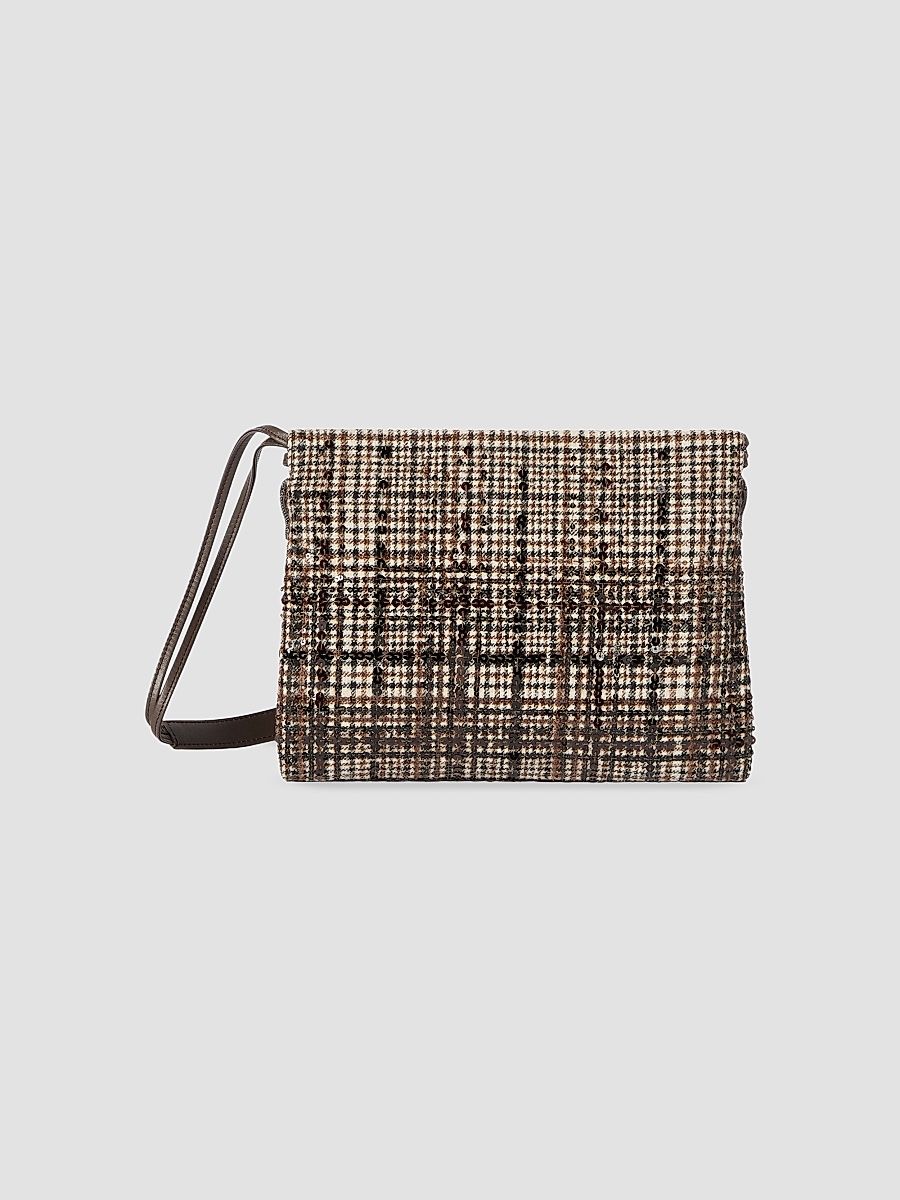Women's Pouch Bag in Water-Resistant Checked Alpaca and Wool - Brown