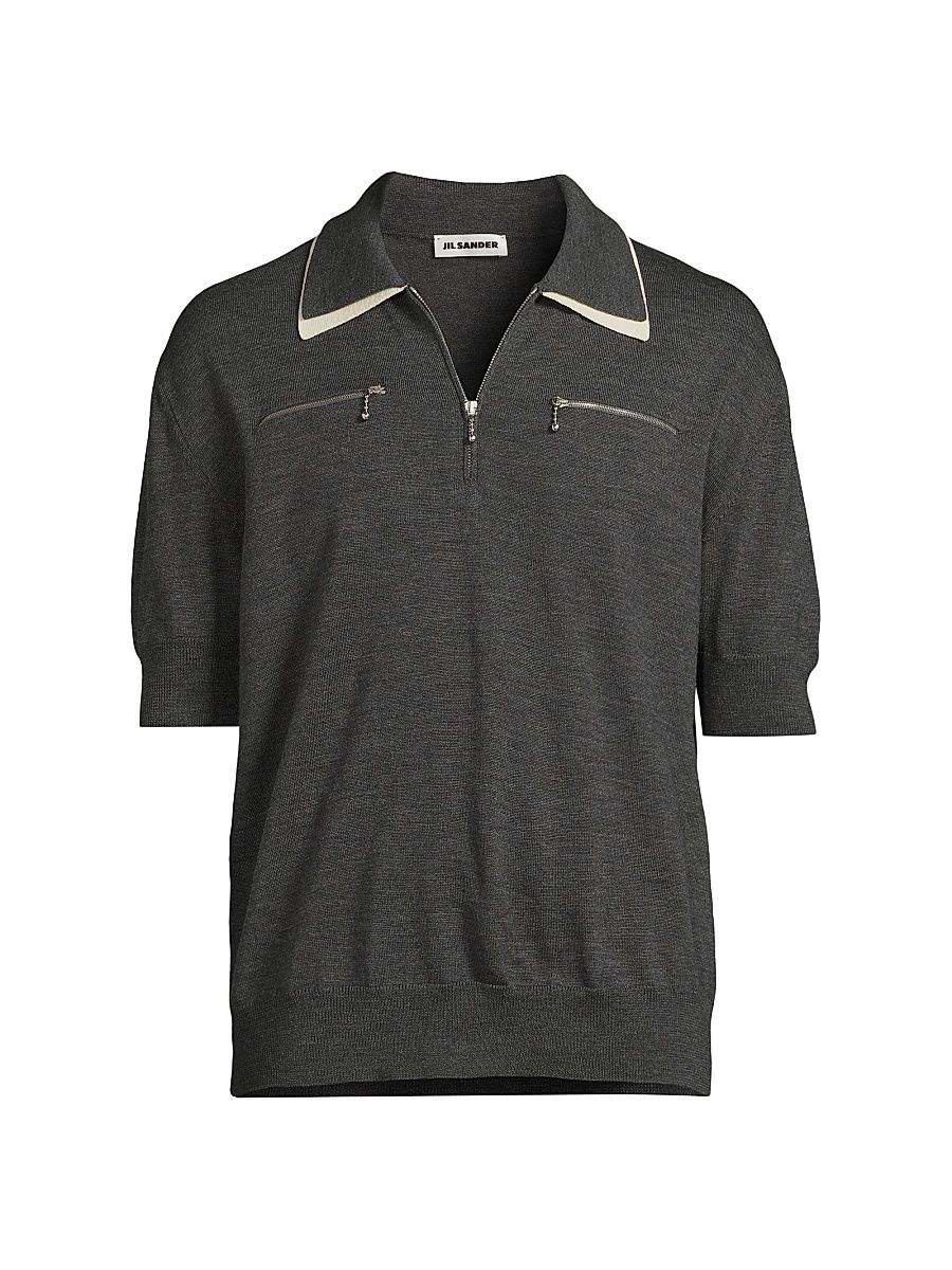 Men's Wool Knit Relaxed-Fit Polo Sweater - Ash Grey - Size 44