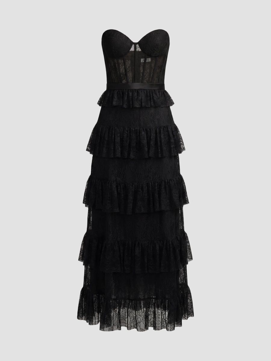 Mac Duggal Women's Ruffled Bustier Lace Strapless Midi Dress - Black - Size 12