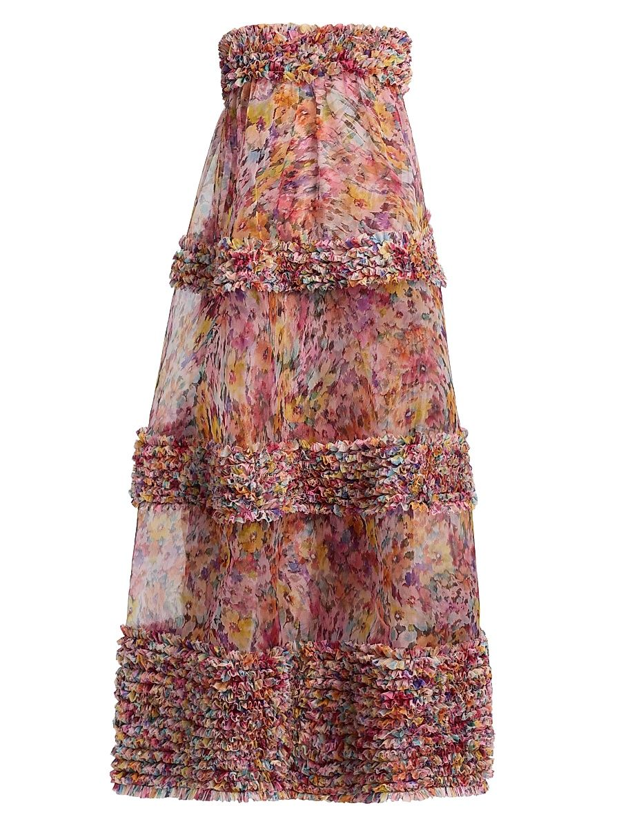 Women's Luna Floral Silk Ruffle Strapless Gown - Multi Floral - Size 8