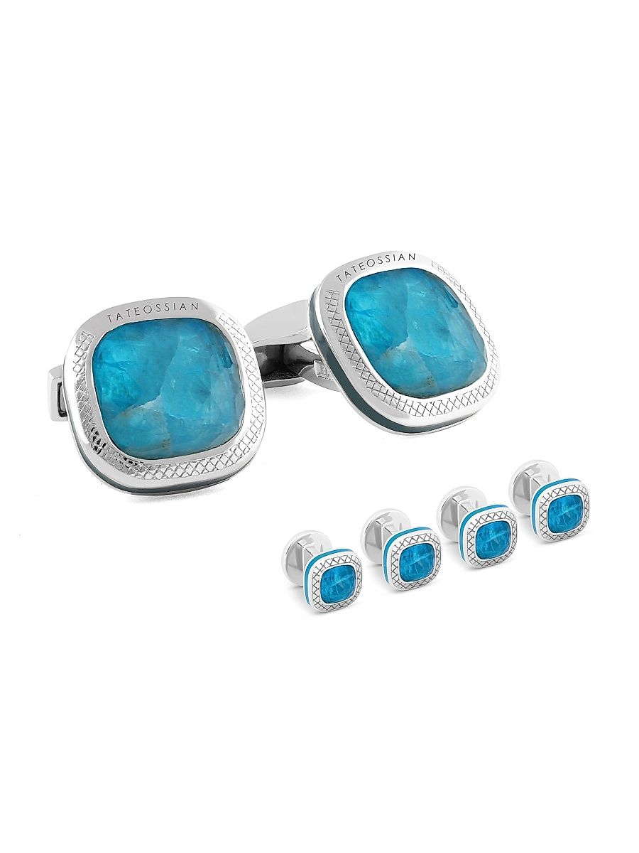 Men's 3-Piece Sterling Silver & Apatite Cufflink & Stud Set - Blue