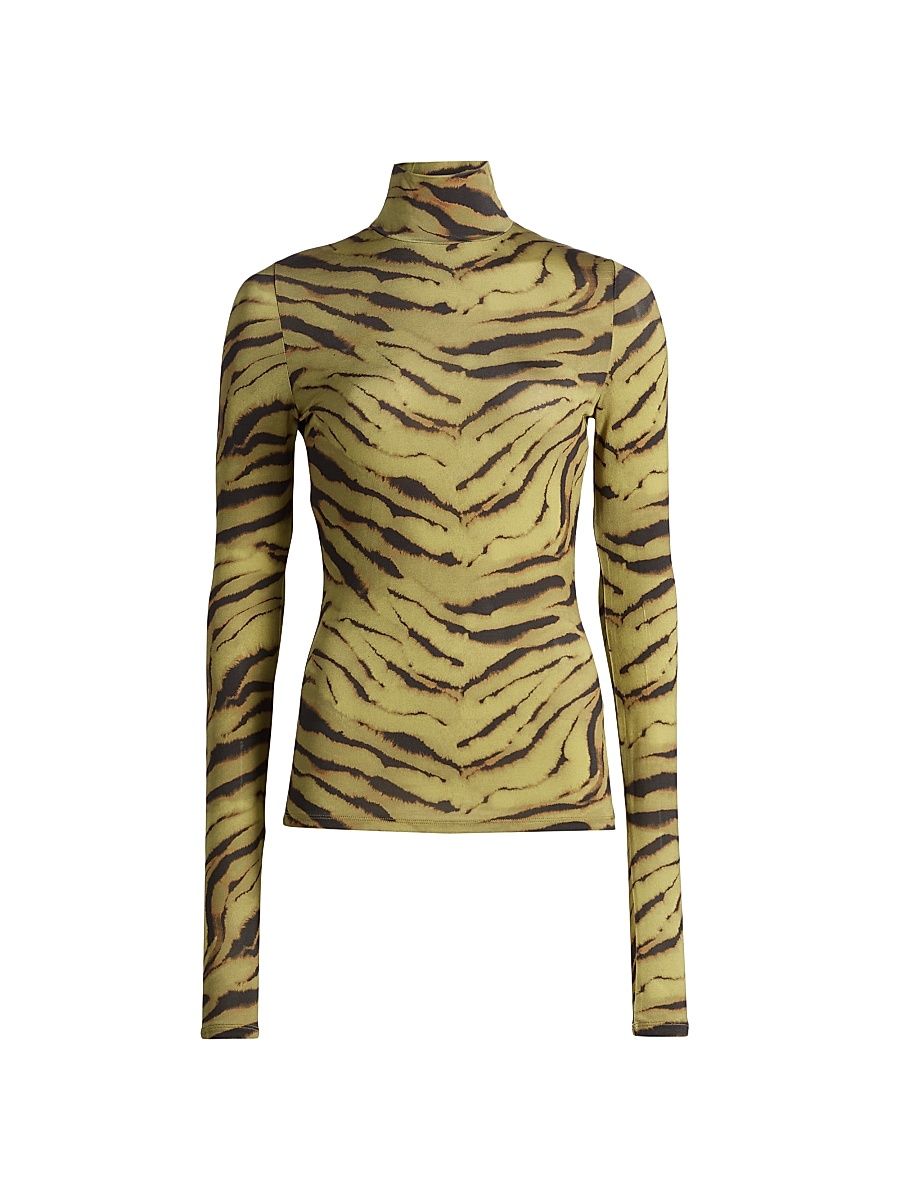 Women's Tiger-Stripe Jersey Turtleneck Top - Khaki - Size 14