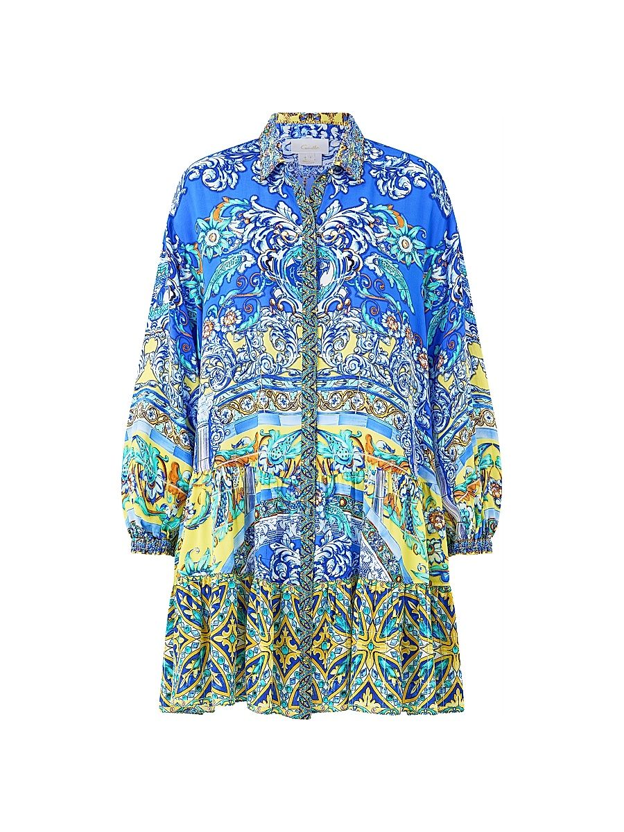 Women's Beneath The Andalusian Sun Printed Tiered Shirtdress - Beneath The Andalusian Sun - Size Large