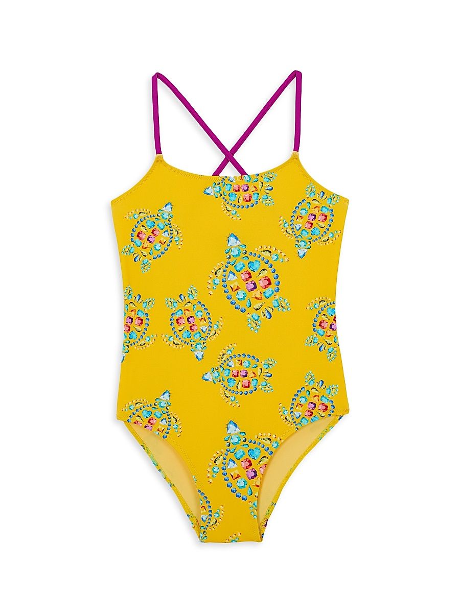 Little Girl's & Girl's Vendôme Turtles Jersey One-Piece Swimsuit - Yellow Multi - Size 12