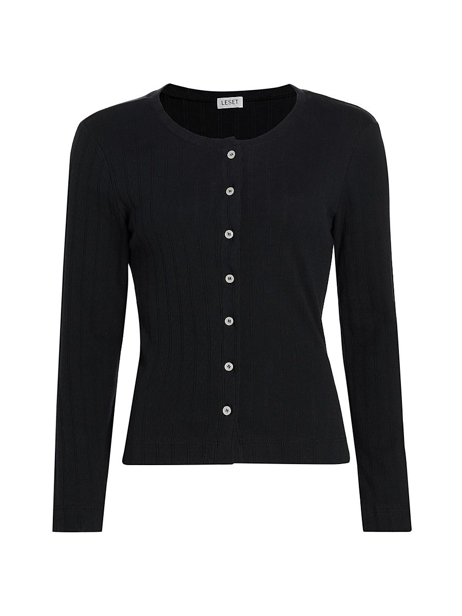 Women's Pointelle-Knit Cotton Cardigan - Black - Size XL