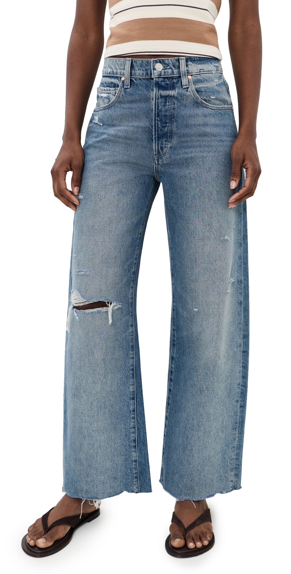 PAIGE Arellia Skimmer Covered Button Fly Wide Leg Jeans Terazzo Destructed 33