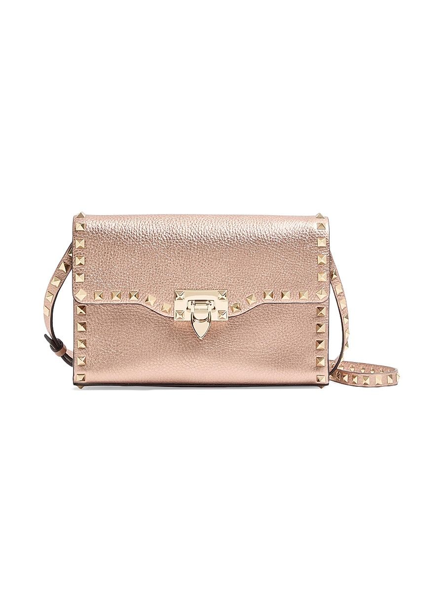 Women's Rockstud Small Crossbody Bag in Laminated Grainy Calfskin Leather - Rose Cannelle