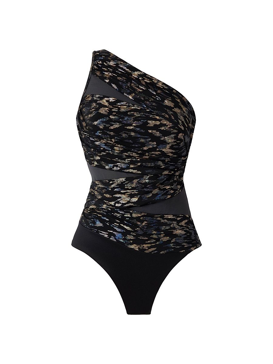 Women's Sparkle Plenty Jena One-Shoulder One-Piece Swimsuit - Black Multi - Size 16