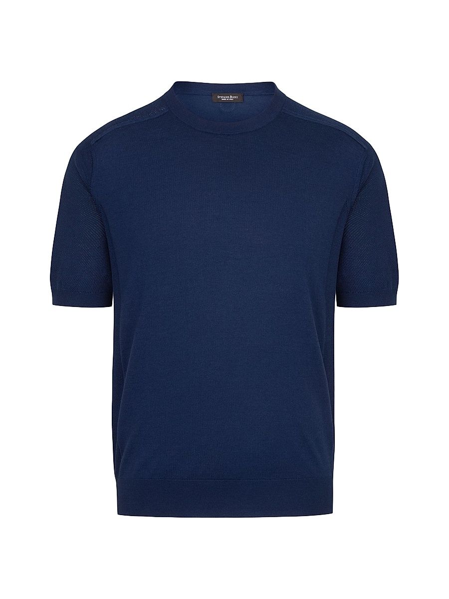 Men's Silk and Cotton Knit Crewneck Sweater - Dark Blue - Size 50