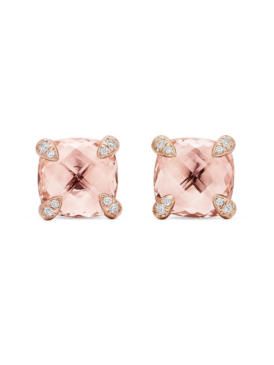 Women's Chatelaine Stud Earrings in 18K Rose Gold with Morganite and Diamonds, 8mm - Rose Gold