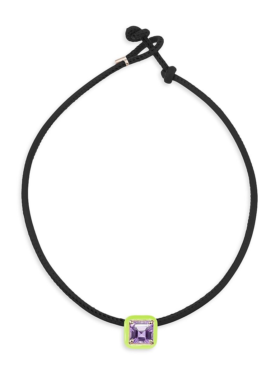 Women's Flower Funk Pop Choker With Square In Candy Setting Goldtone, Enamel, Amethyst & Leather Necklace - Lime Green