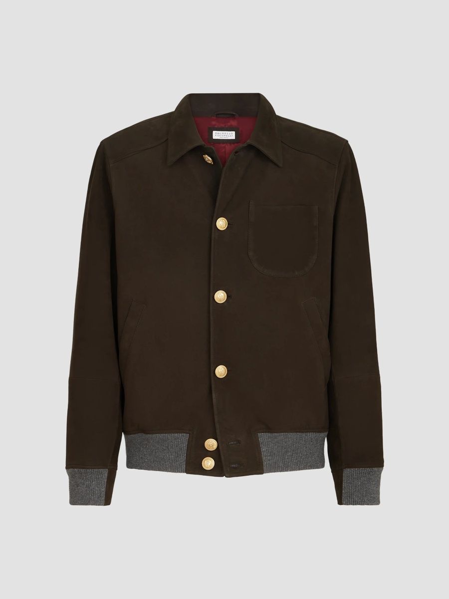 Brunello Cucinelli Men's Nubuck Shirt-Style Bomber Jacket with Cashmere Inserts and Metal Buttons - Rust Brown - Size XL