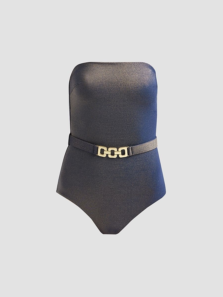 Women's Aster Metallic Belted One-Piece Swimsuit - Metallic Gun Metal - Size 8