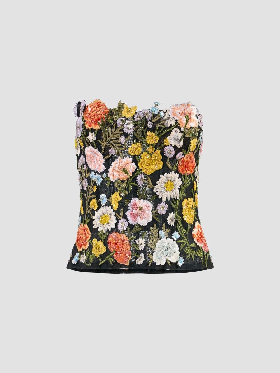 Carolina Herrera Women's Beaded & Floral-Embroidered Strapless Top - Black Multi - Size 12