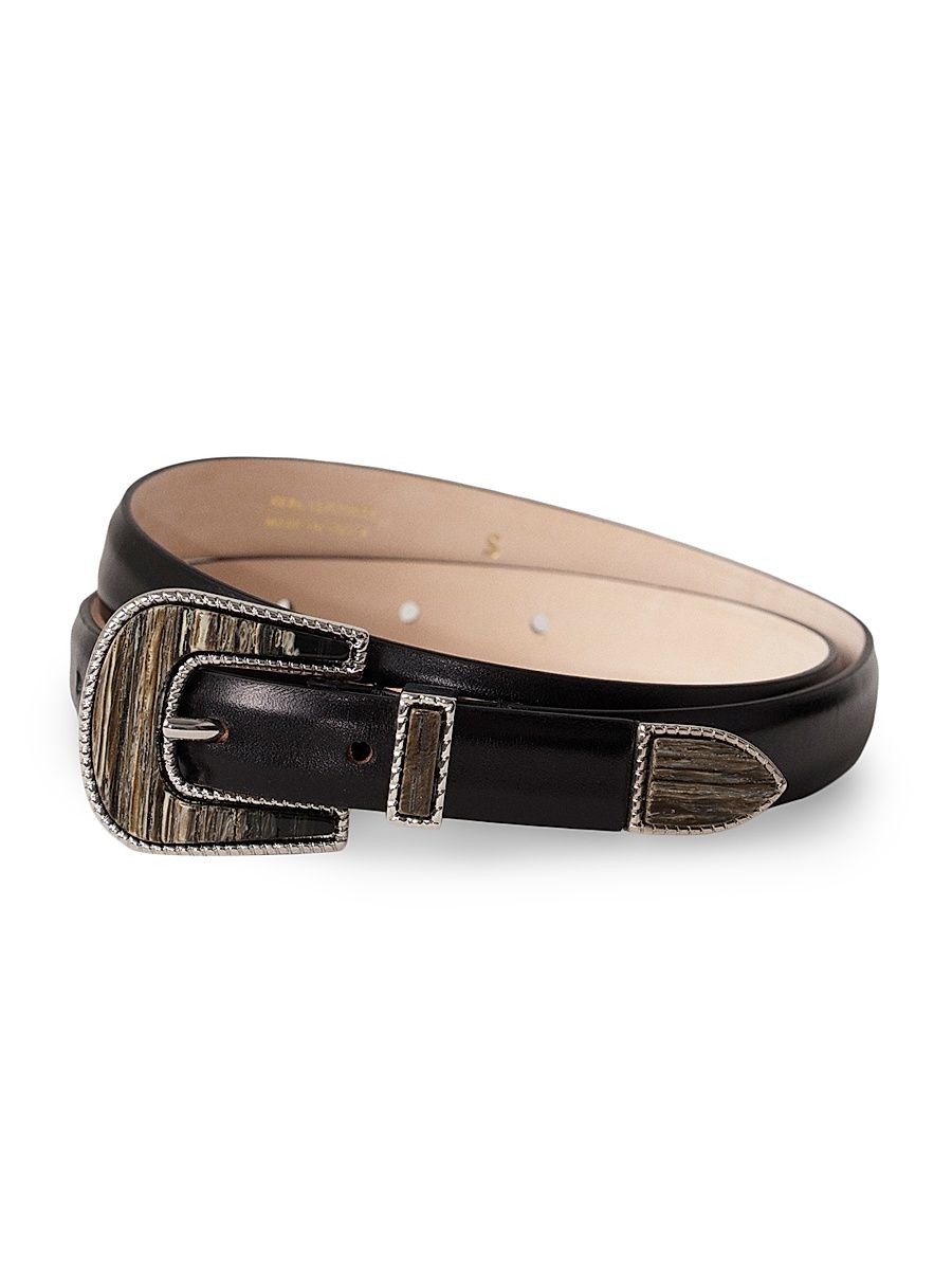 Women's Travertine Smooth Leather Belt - Black Silver - Size Large