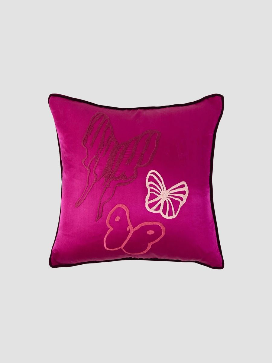 Hunt Slonem Hand-Embroidered Silk Pillow with Velvet Back, 22" Square - Fuschia
