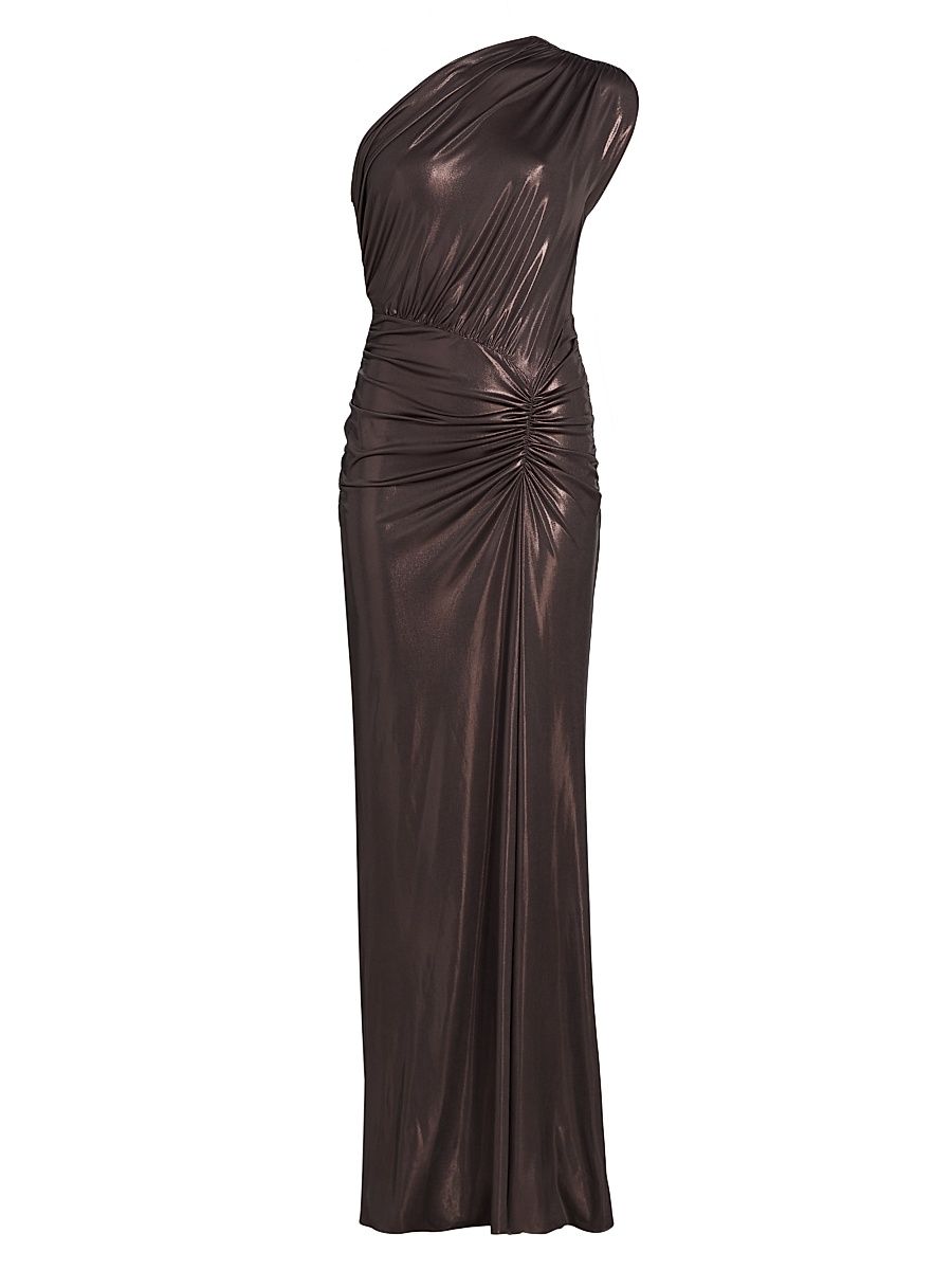 Women's Coated Jersey One-Shoulder Ruched Maxi Dress - Mocha - Size XL