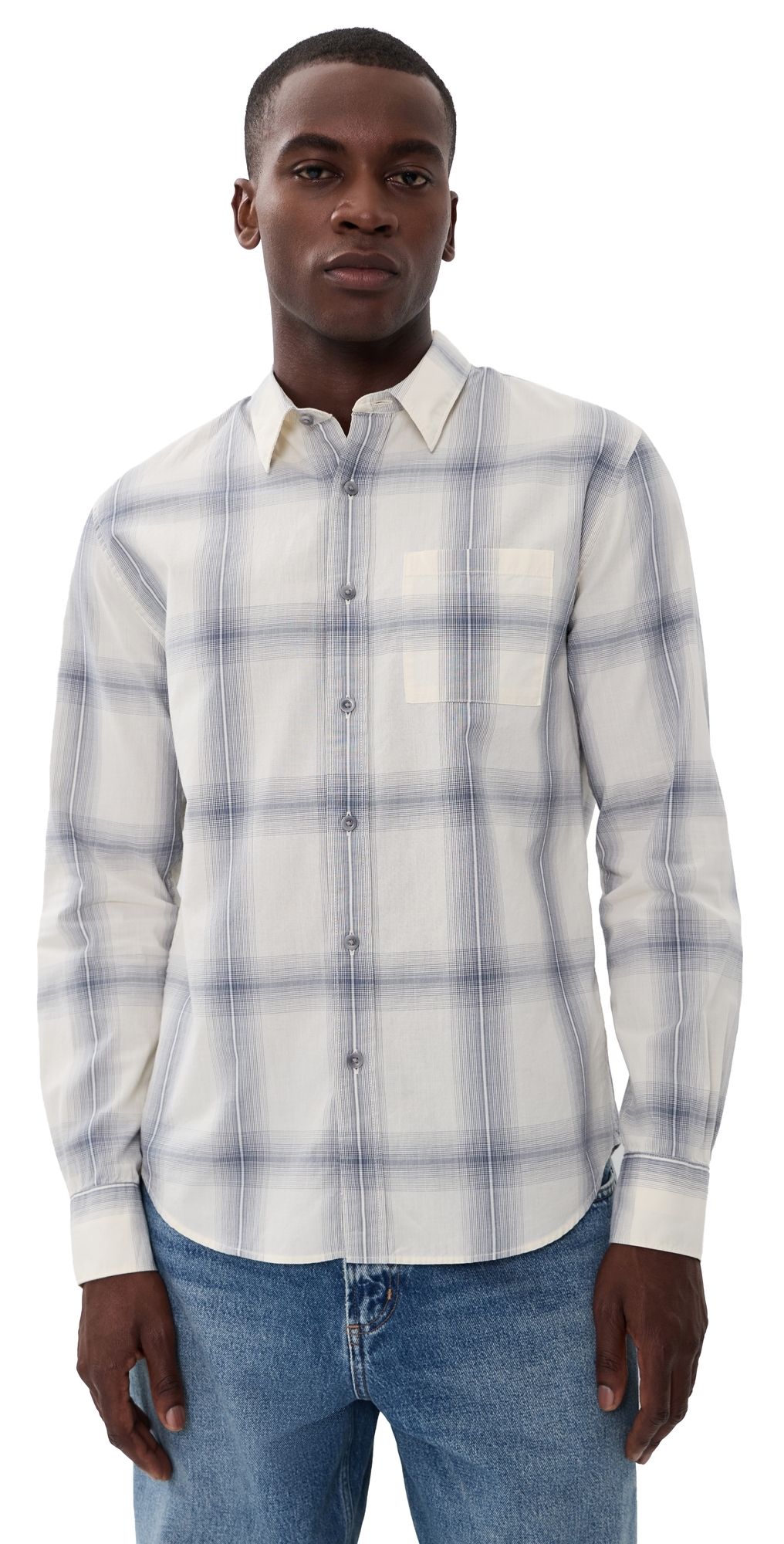 Vince Townes Plaid Long Sleeve Shirt Blanco/Hawk Blue S