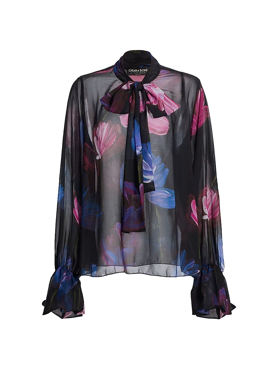 Women's Mihai Floral Chiffon Tieneck Blouse - Donna Pink - Size 8