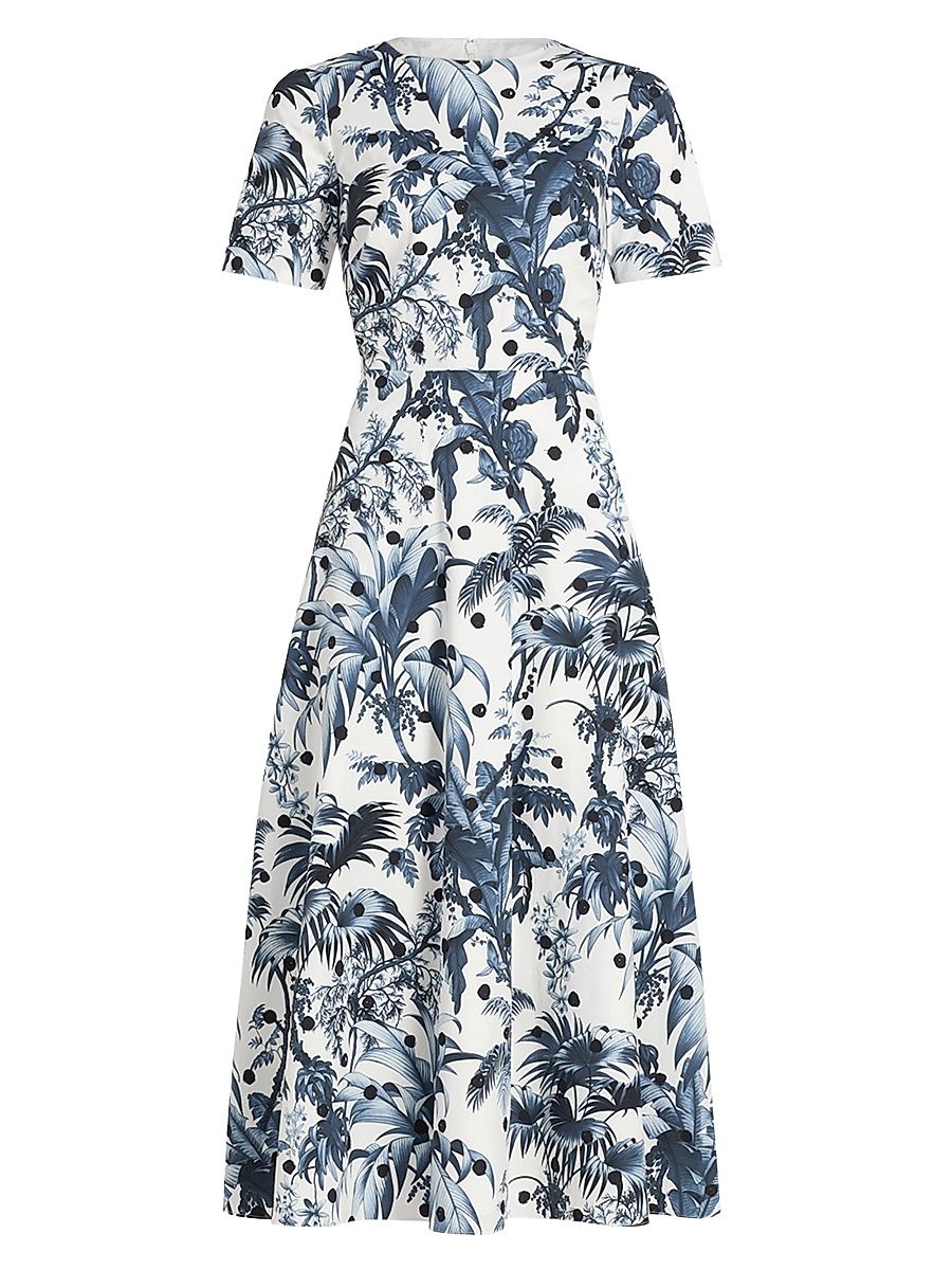Women's Dotted Palm Tree Cotton Poplin Midi-Dress - Navy White - Size 0