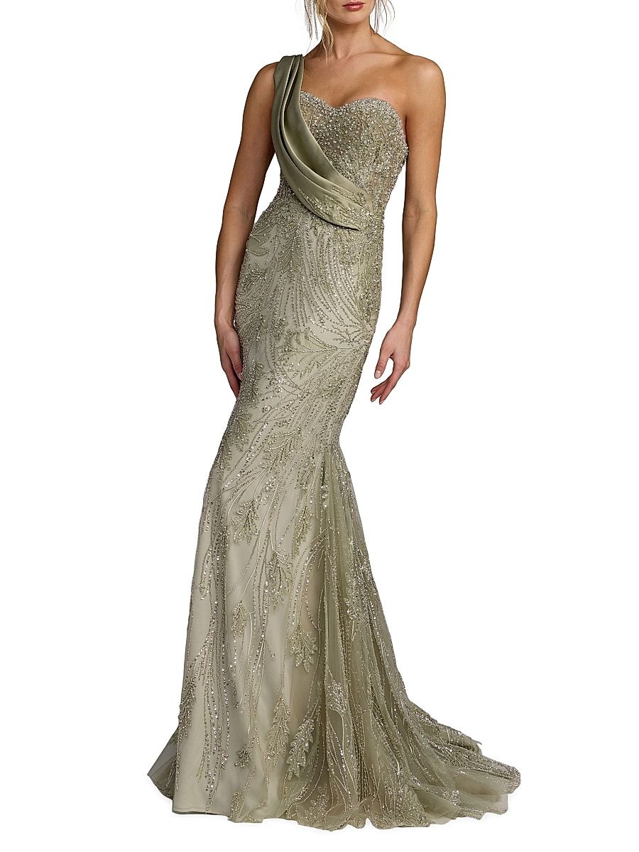 Women's Embellished Taffeta One-Shoulder Mermaid Gown - Sage - Size 14