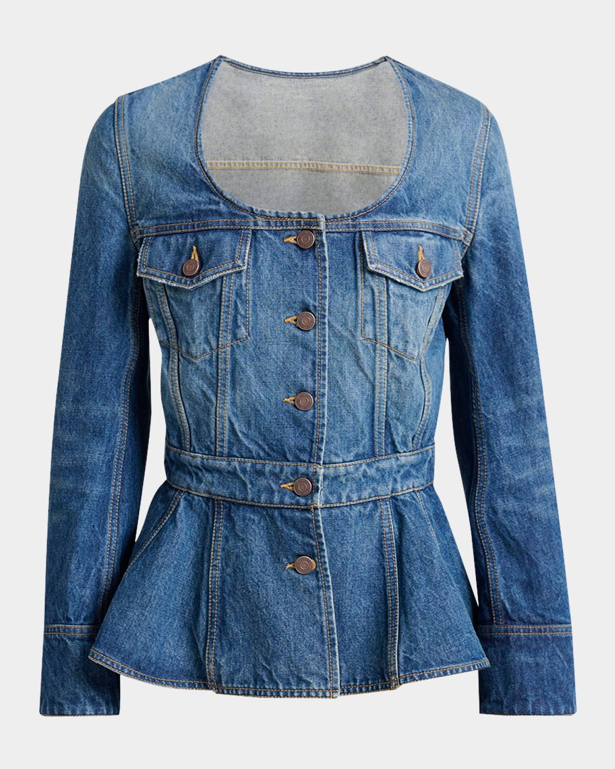 Long-Sleeve Denim Peplum Top