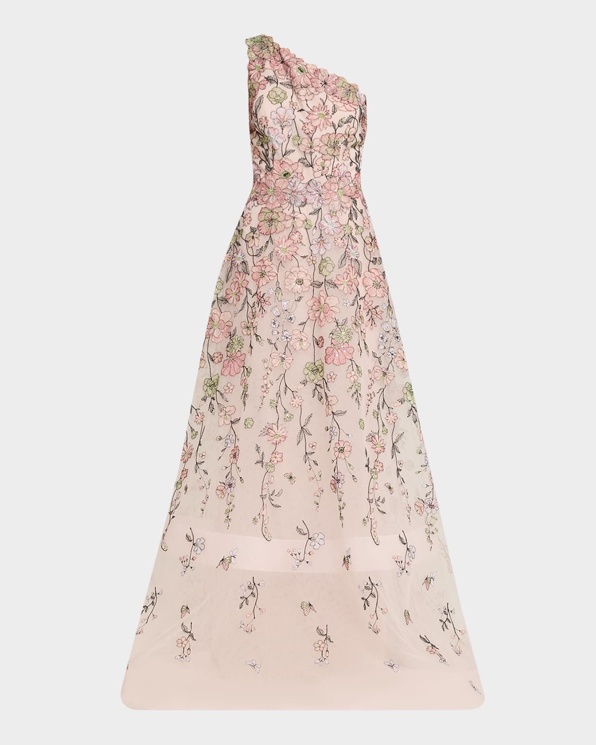 One-Shoulder Embroidered Tulle Gown