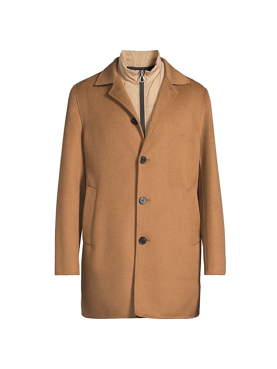 Men Alfredo Wool Layered Car Coat - Camel Dark Brown - Size 46