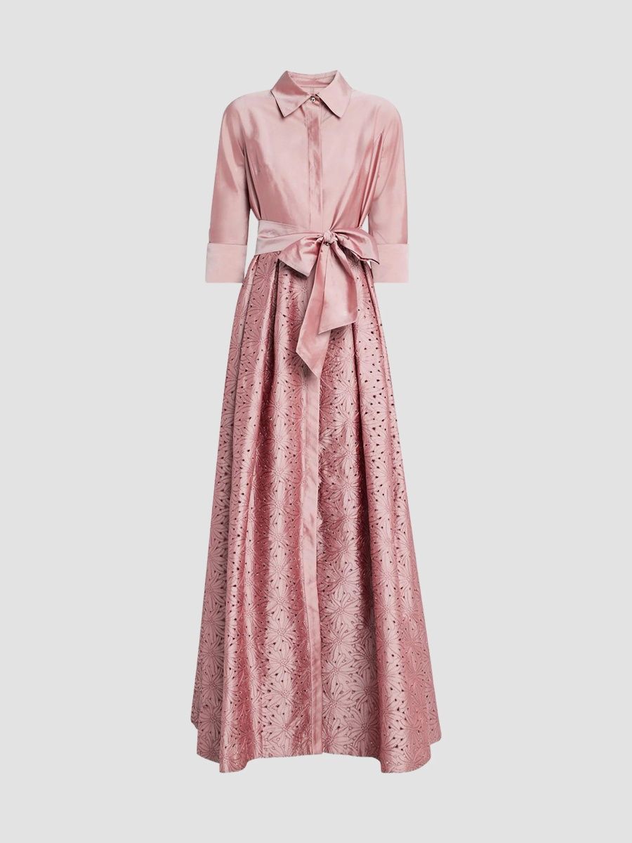 Teri Jon by Rickie Freeman Women's Eyelet Taffeta Shirtwaist Gown - Dusty Pink - Size 6